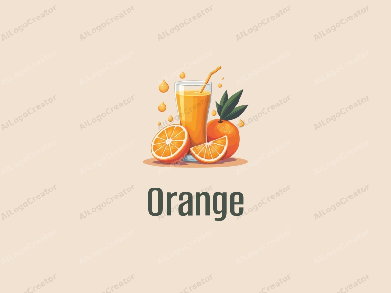 modern design features a stylized orange and orange juice, with orange slices and water droplets, combined with a clean background.