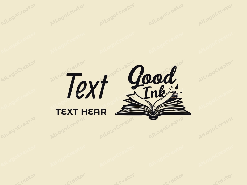 modern design features stylized text and font, an open book, and an ink bottle, combined with a clean background.