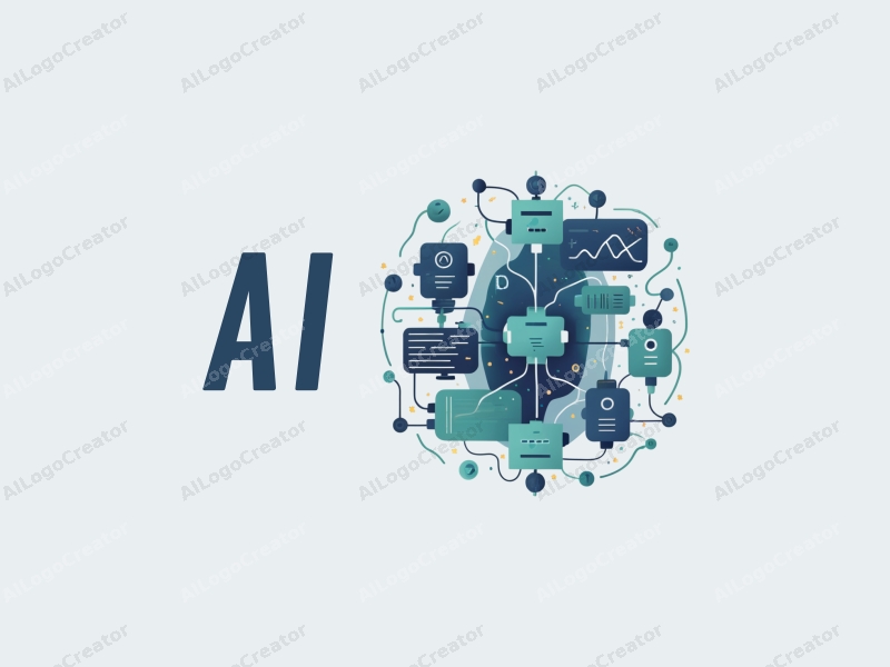 modern abstract design featuring stylized robots and network connections, incorporating elements of artificial intelligence and data analysis, with a clean background in blue and green tones.