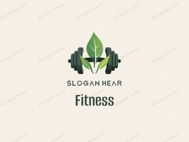 modern design features a stylized dumbbell intertwined with a leaf, emphasizing health and fitness, combined with a clean background.