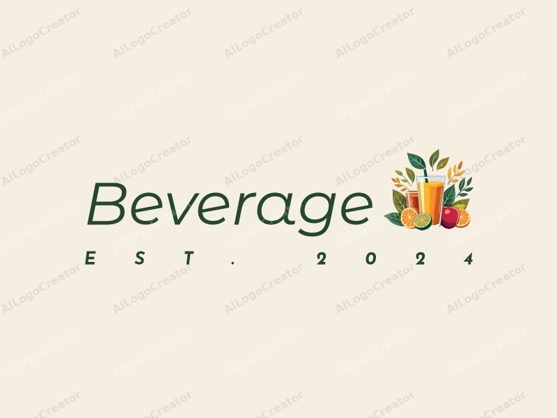 a modern design featuring a vibrant array of beverages, stylized trees, and fresh juice elements, combined with colorful leaves, set against a clean background.