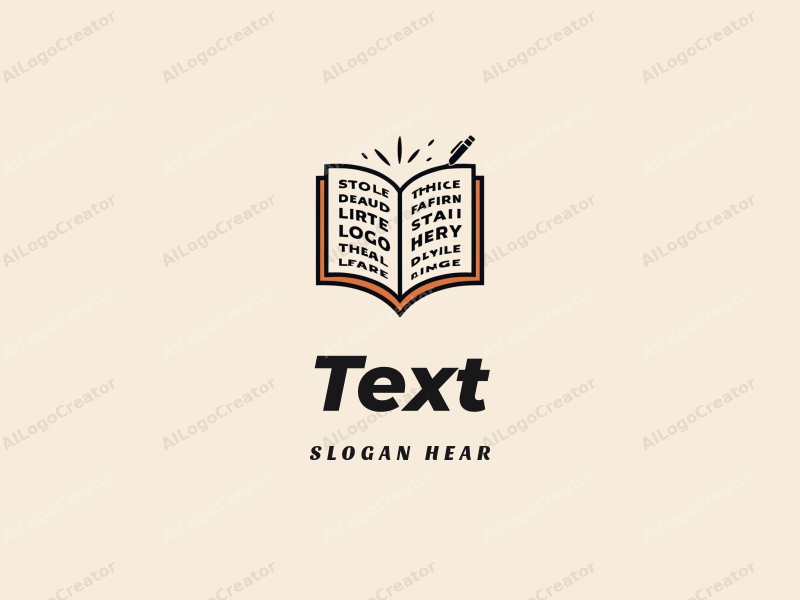 modern design features stylized text and font, an abstract book and pen, combined with a clean background.