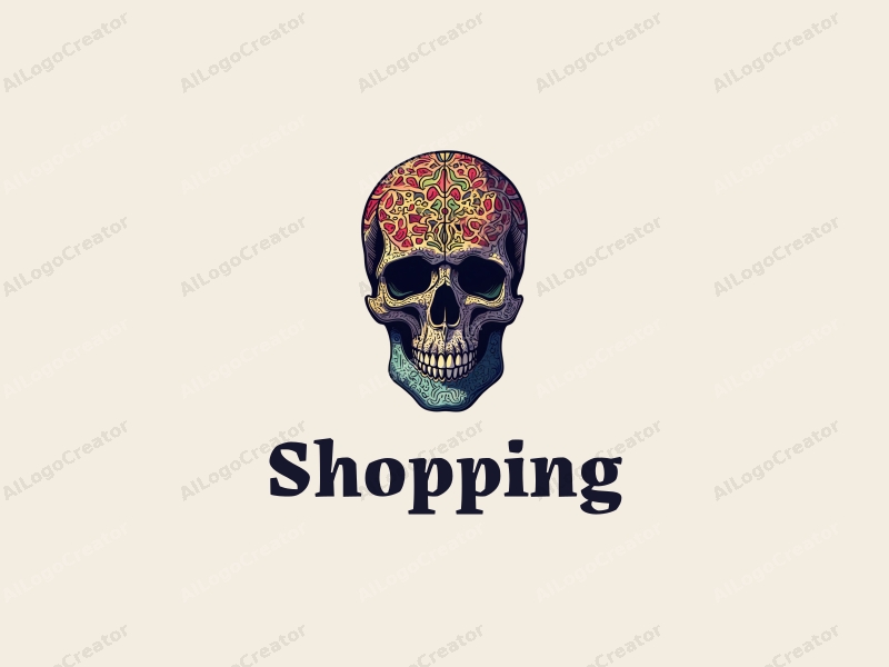 a modern design featuring a colorful shopping mall silhouette intertwined with a stylized skull and snake, creating a harmonious and clean composition.