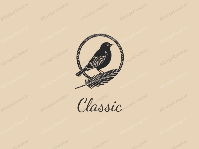 vintage design features a stylized bird and feather, incorporating classic and traditional elements, combined with a clean background.