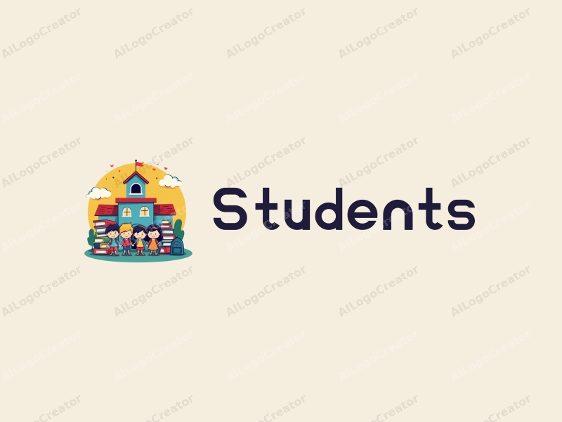 playful design features cheerful students, a stylized school building, books stacked creatively, and a backpack, combined with a vibrant and colorful background.