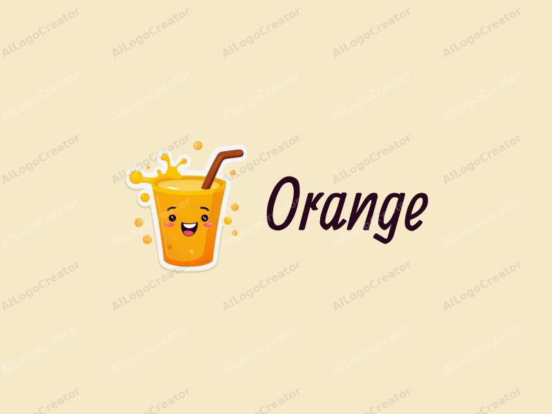 playful design features a vibrant orange, a stylized juice splash, and a cheerful smiling face, combined with a clean background.