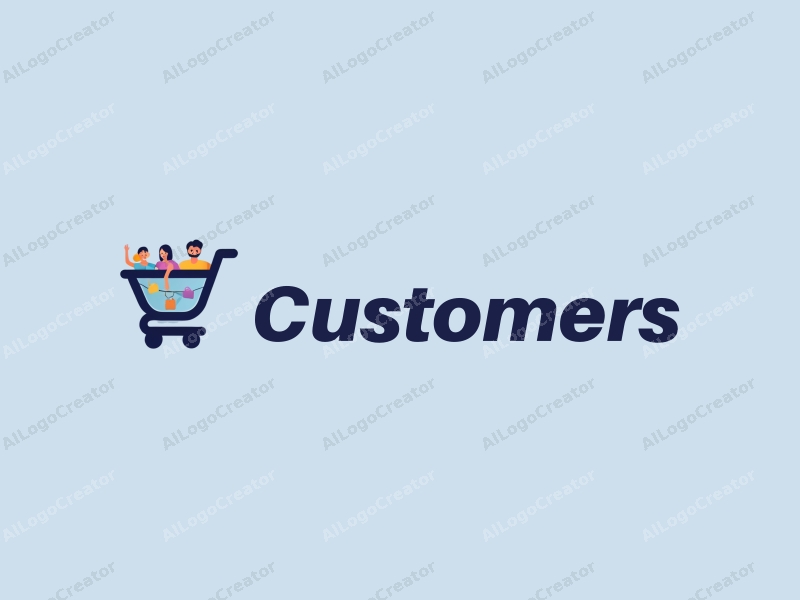 a modern design featuring a stylized shopping cart and shopping bag, with abstract representations of customers and shoppers, combined with a clean blue background.