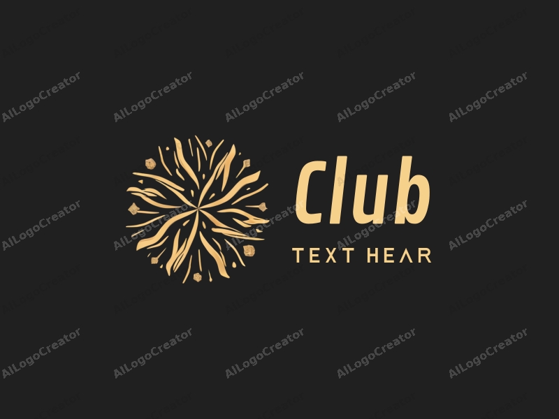 a modern design featuring abstract representations of a club atmosphere, social connections, and dynamic music and dance elements, combined with a sleek black and gold color palette on a clean background.