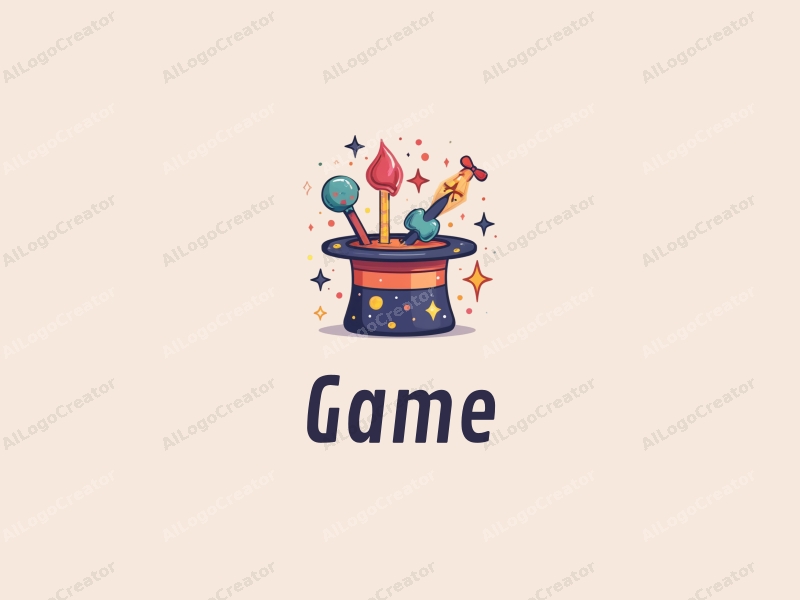 playful design features a colorful palette with game and toy elements, incorporating a whimsical magic wand and stars, combined with a clean background.