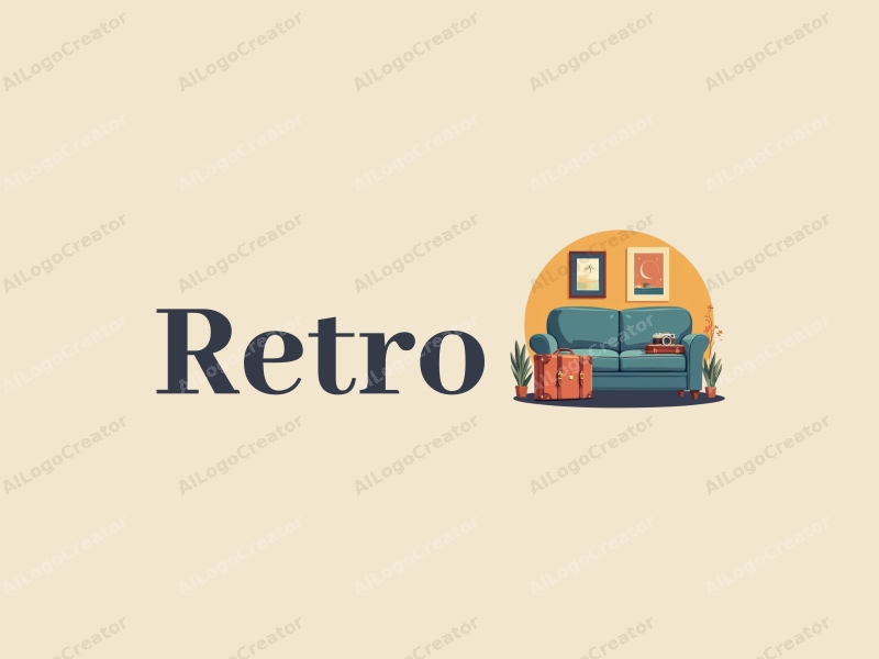 vintage design features a retro sofa, a retro poster, a retro suitcase, and a retro camera, combined with a clean background.