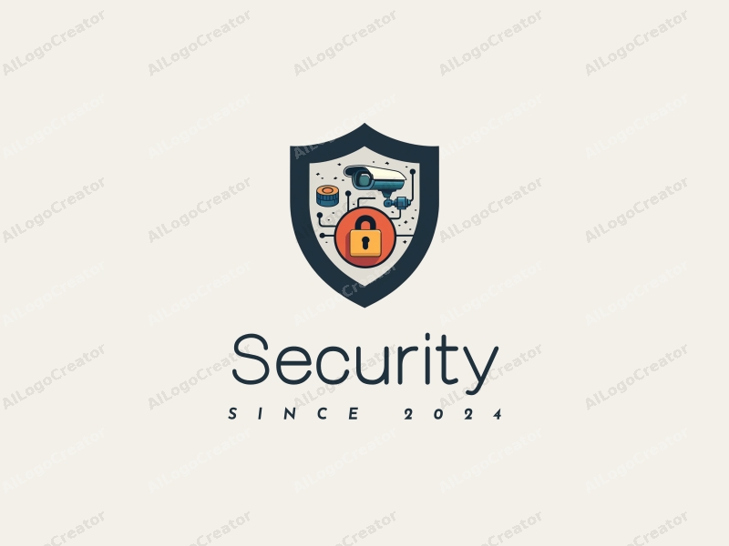 modern design features a stylized shield, a sleek surveillance camera, a lock, and network elements combined with a clean background.