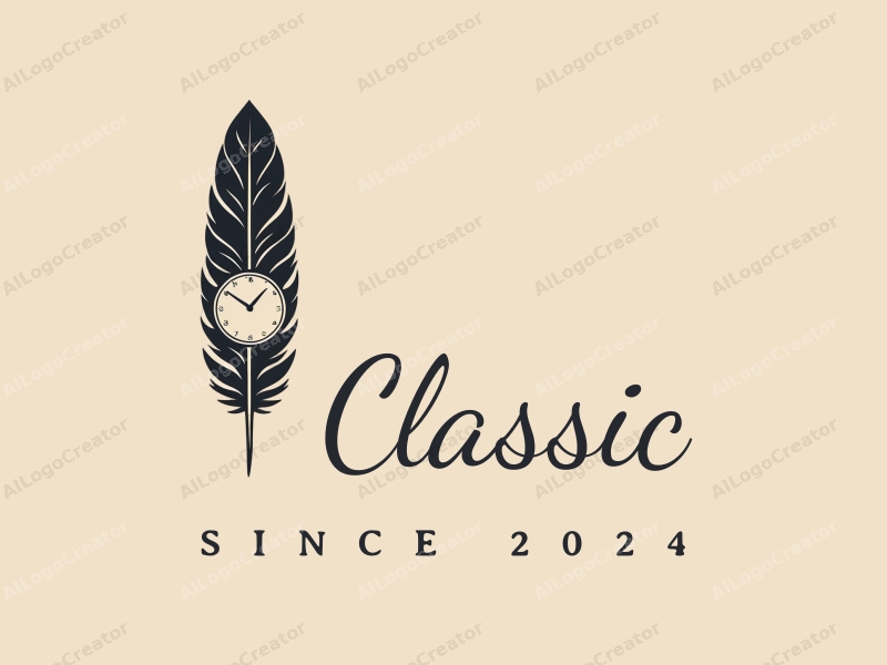 vintage design features a stylized feather intertwined with a classic clock, using dark and neutral colors, combined with a clean background for a sophisticated and timeless look.