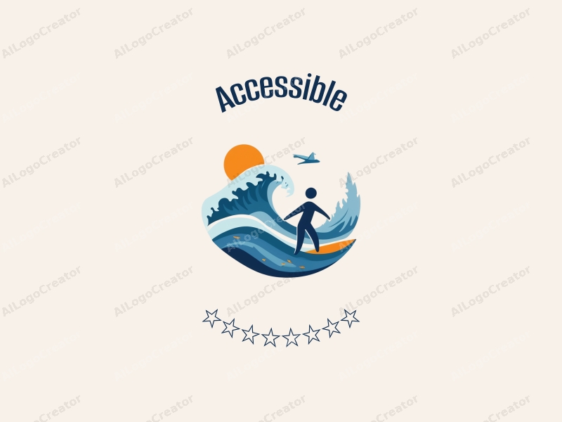 modern design features accessibility elements, inclusive design symbols, ocean waves, and a surfer silhouette combined with a clean background.