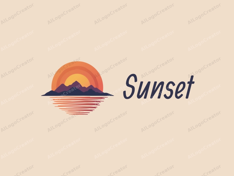 vintage design features a stylized sunset over a beach with mountains in the background, using a harmonious blend of orange and purple colors, combined with a clean and simple layout.