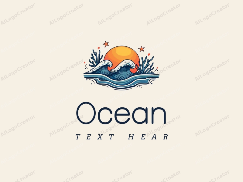 a modern design featuring stylized waves, marine life including coral and starfish, combined with a clean background and a harmonious composition.