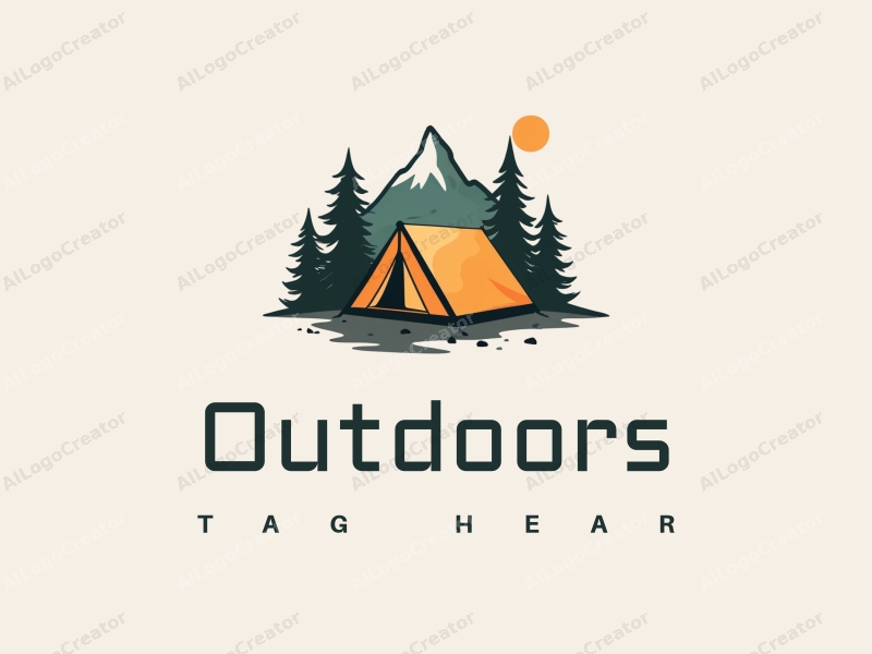 modern design features a stylized camping tent and mountain peak, combined with a clean background and a harmonious composition.