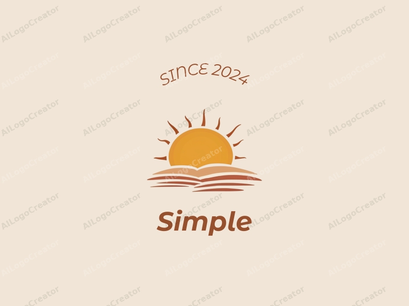 minimalist design features a stylized sun rising, simple and clean lines, combined with a serene morning atmosphere and a light background.