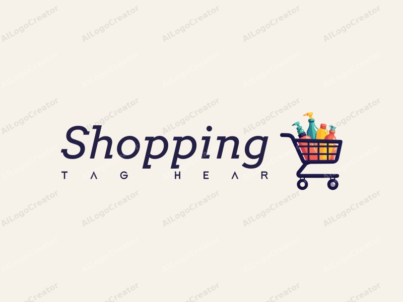 a modern design featuring a colorful shopping cart filled with various products, set against a stylized mall background, emphasizing simplicity and harmony in composition.