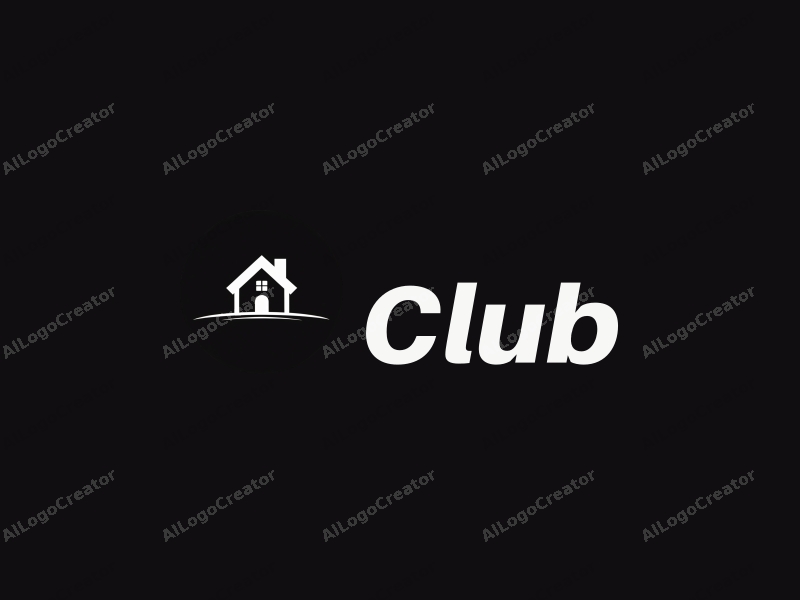 a modern design featuring a stylized club and house silhouette, integrated social media symbols, with a clean black background and a harmonious composition.