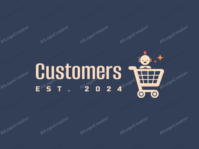 a modern design featuring a stylized shopping cart and a robot interacting with customers, combined with a clean background and a harmonious layout.