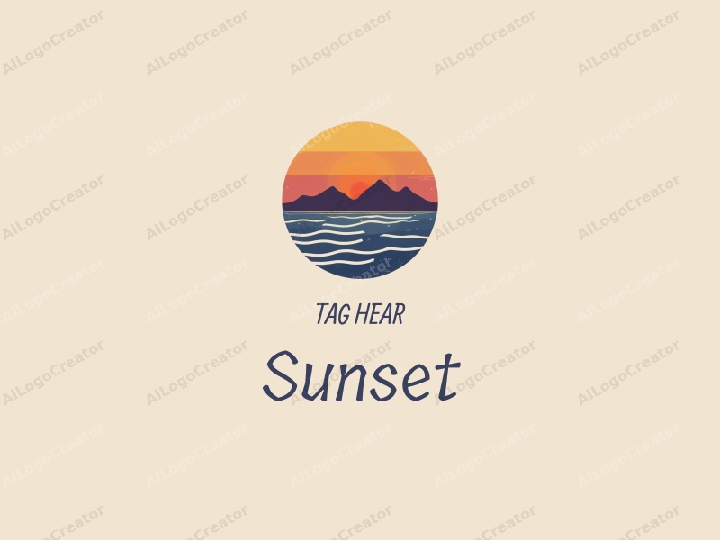 vintage design features a stylized sunset over the ocean with mountains in the background, incorporating warm orange and purple hues, combined with a clean and harmonious layout.