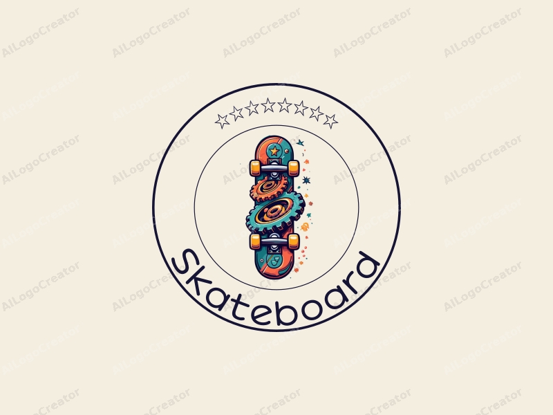 playful design features a vibrant skateboard intertwined with gears, showcasing a dynamic and energetic composition against a clean background.