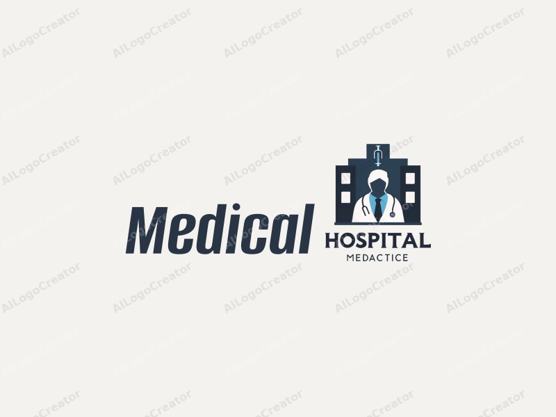 modern design features a stylized hospital silhouette, a doctor figure, a stethoscope, and a syringe, combined with a clean background.