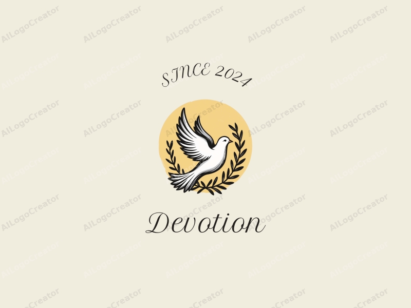 vintage design features a stylized dove holding an olive branch, symbolizing peace and faith, combined with elements of prayer, set against a clean golden background.