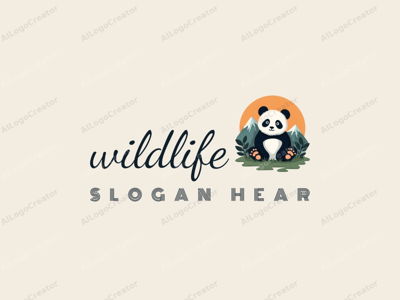 playful design features a stylized panda amidst stylized mountains, incorporating elements of wildlife and nature landscapes, combined with a clean background.