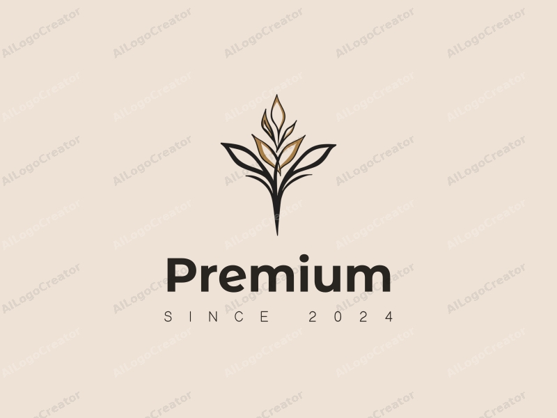 a minimalist design featuring elegant curves, a stylized representation of luxury food and beauty products, combined with a sophisticated gold and black color palette, set against a clean background.