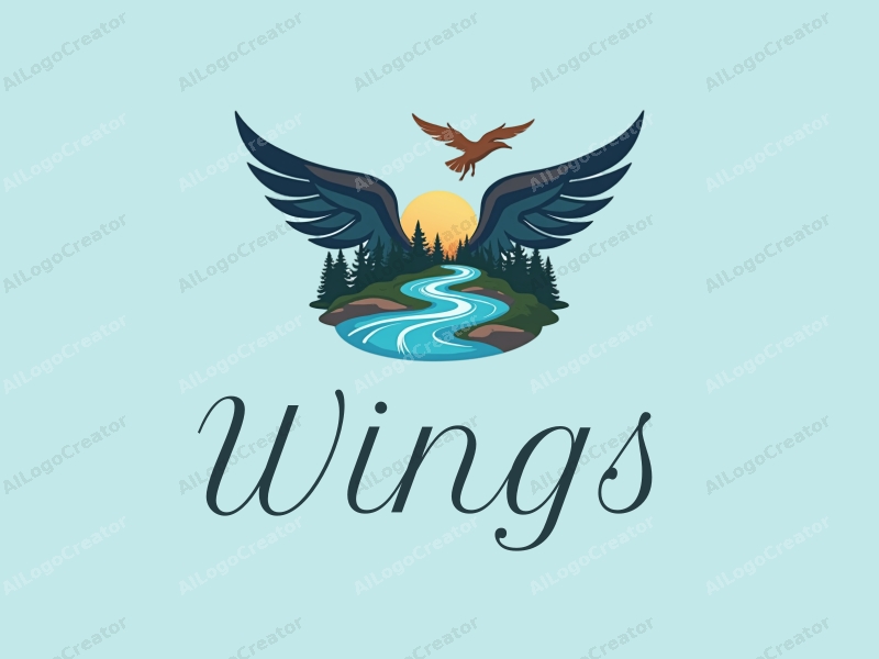 playful design features stylized wings and a flying motif, combined with flowing river and forest elements, set against a clean blue background.