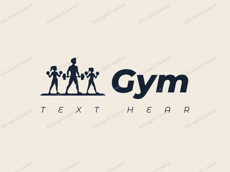 modern design features stylized dumbbells and yoga mats, combined with active individuals in a clean background, emphasizing fitness and movement.