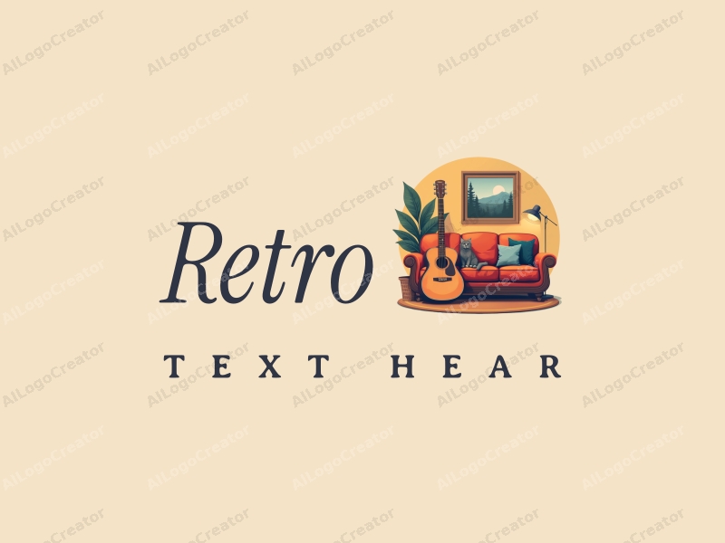 vintage design features a retro sofa and a retro poster, combined with a guitar and a cat, all set against a clean background.