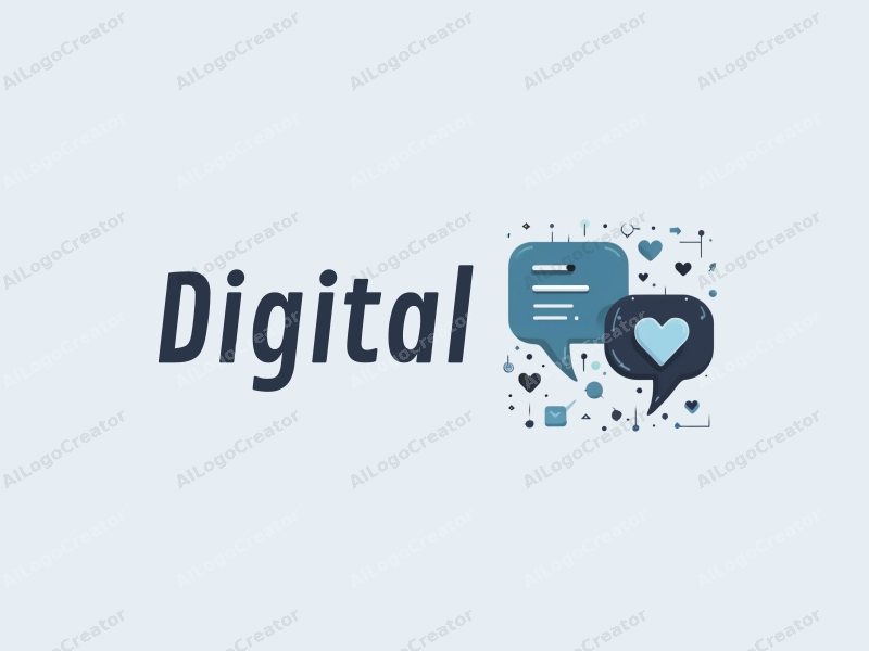 a modern minimalist design featuring digital elements, stylized speech bubbles, and heart shapes, combined with a clean background in blue and black colors.