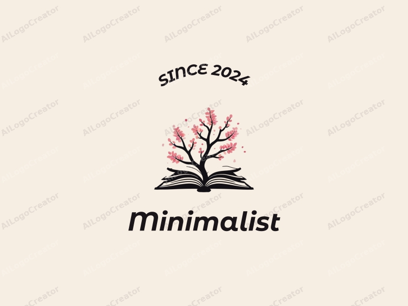 minimalist design features a stylized book intertwined with cherry blossoms, using clean lines and a black and white color scheme, combined with a tag style approach against a simple background.