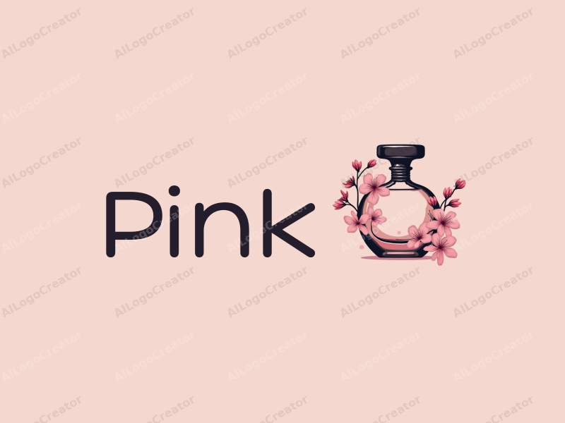 minimalist design features delicate cherry blossoms intertwined with a sleek perfume bottle silhouette, combined with a clean pink background.