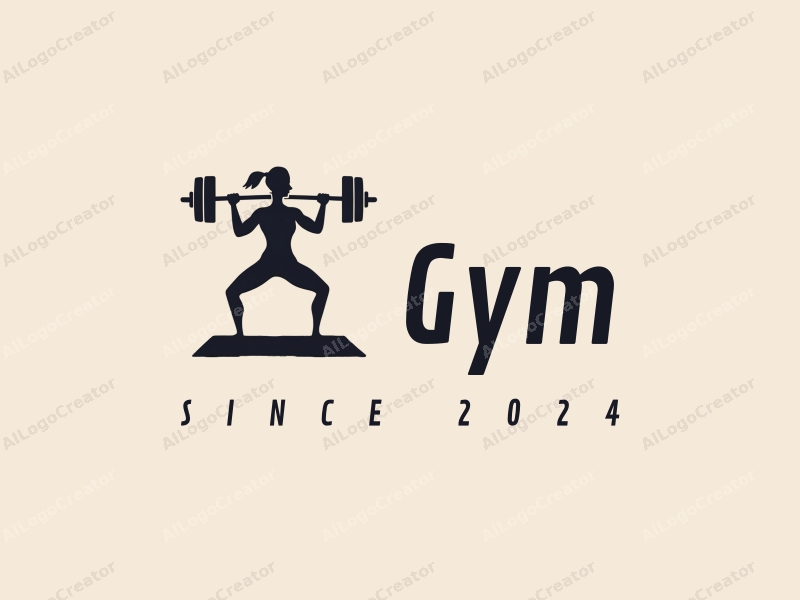 modern design features a stylized barbell and yoga mat, combined with an active person silhouette, using a clean background and a harmonious layout.