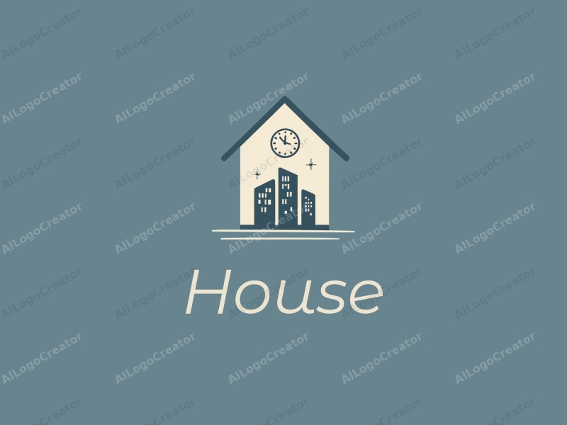 modern design features a stylized house and building silhouette, integrated with a clock and film elements, combined with a clean background.