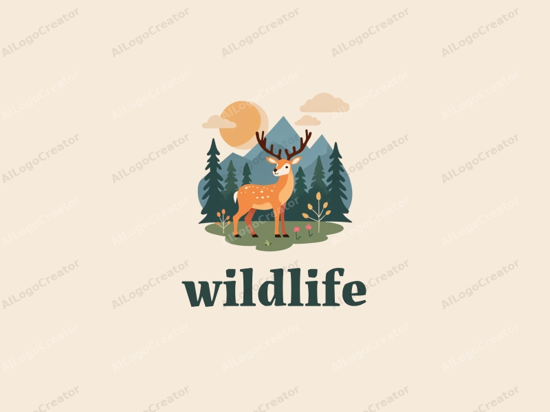 playful design features a stylized deer amidst a backdrop of mountains, incorporating elements of wildlife and nature landscapes with natural color tones, combined with a clean and harmonious composition.