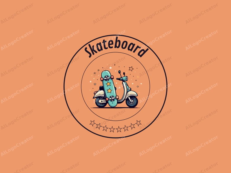 playful design features a vibrant skateboard and scooter intertwined with whimsical stars, combined with a clean background.