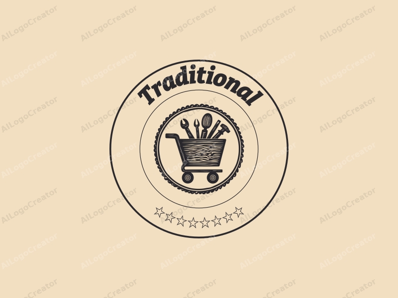 vintage design features traditional craftsmanship elements, a stylized shopping cart, and hand tools, combined with a clean background.