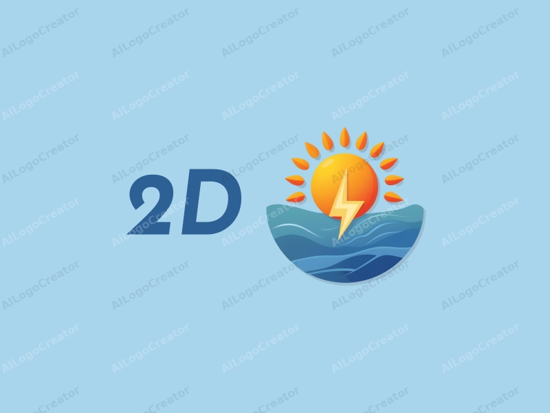 a modern design featuring a stylized sun and power source, combined with a flat 2D approach, set against a clean blue background.