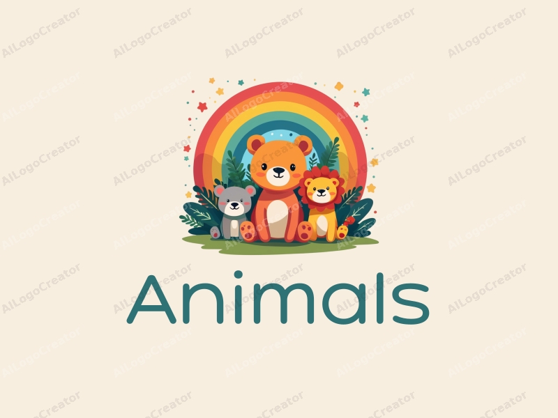 playful design features a small bear surrounded by vibrant wild animals and a colorful rainbow, combined with a clean background.