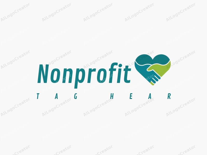 modern design features a stylized heart and handshake symbolizing charity and volunteerism, combined with a clean background in blue and green tones.