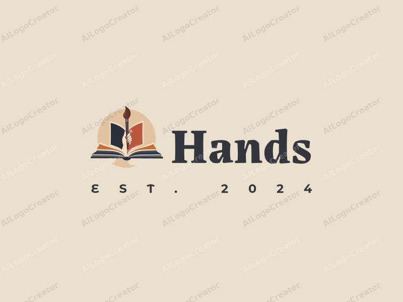 a modern design featuring a stylized hand gripping a book and a paintbrush, combined with a clean background and a harmonious composition.