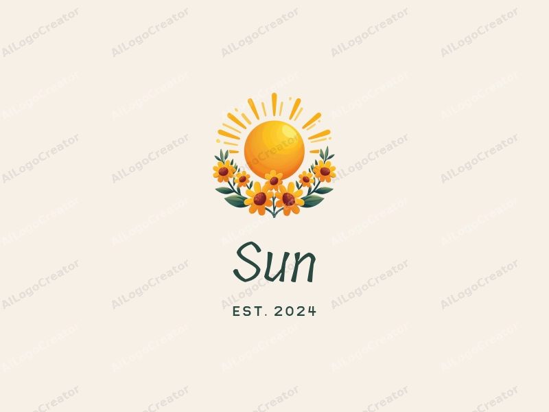 playful design features a bright sun with rays of light, surrounded by cheerful flowers, all in a vibrant yellow color scheme, combined with a clean and simple background.