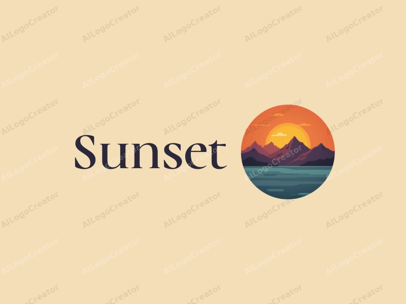 vintage design features a stylized sunset over the ocean with mountains in the background, incorporating warm orange and purple hues, combined with a clean and harmonious layout.