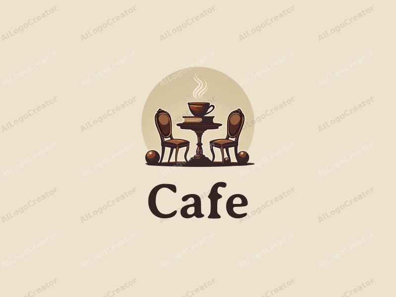 vintage design features a stylized coffee cup, elegant tables and chairs, stacked books, and spherical elements combined with a clean background.