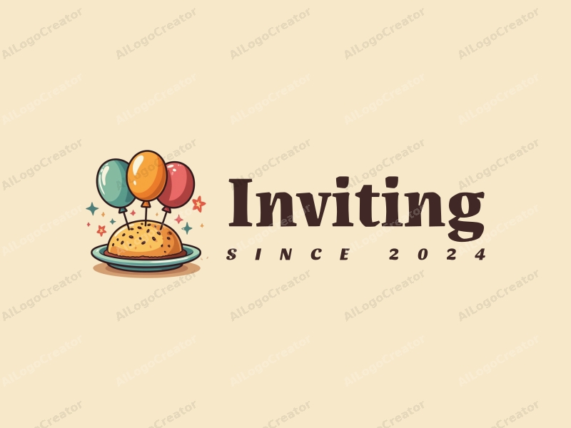 playful design features a stylized plate and colorful balloons, combined with inviting elements and warm tones, set against a clean background.