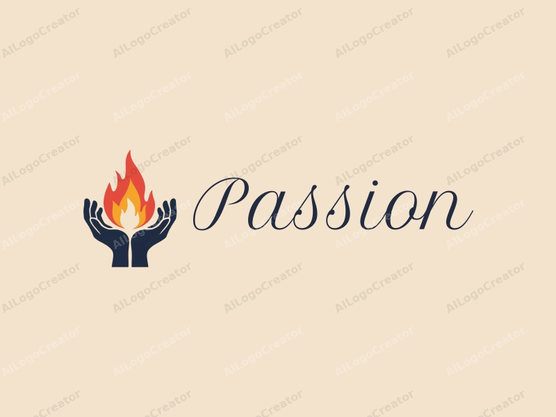 playful design features two stylized hands cradling a vibrant flame, symbolizing passion and enthusiasm, combined with a clean background.